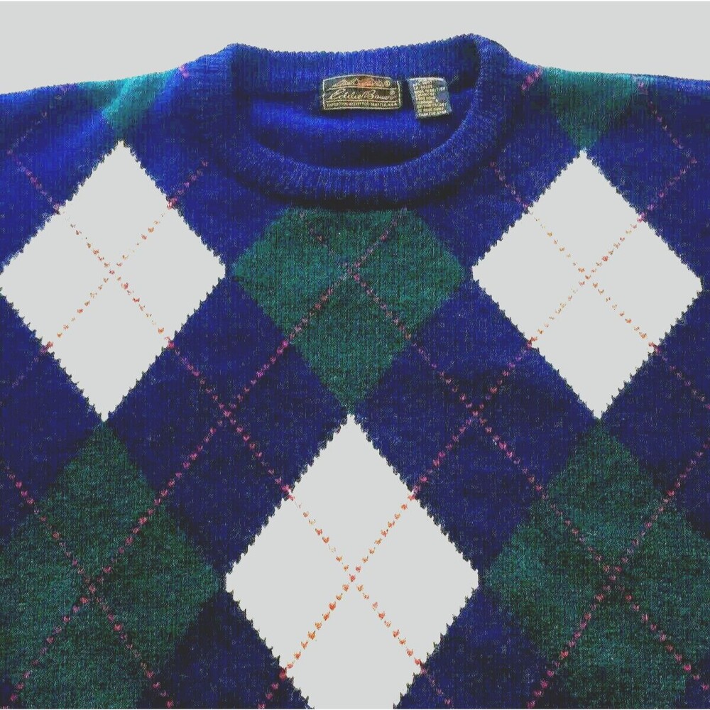 Eddie Bauer Vtg Argyle Sweater Shetland Wool Blue XL Mens Golf Preppy Academia - Picture 1 of 12